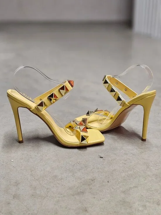 Yellow Studded High Heel Sandals With Straps & Square Toe Design For Women - Picture 10 of 15